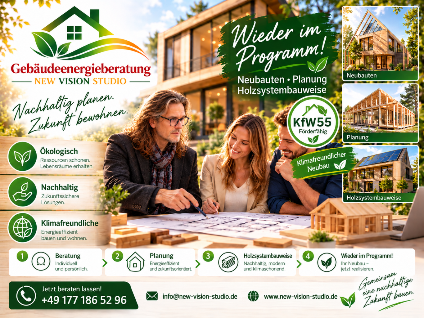 Modernes, nachhaltiges Holzhaus mit begrünten Flächen und skizzenhaften Grundrissen.